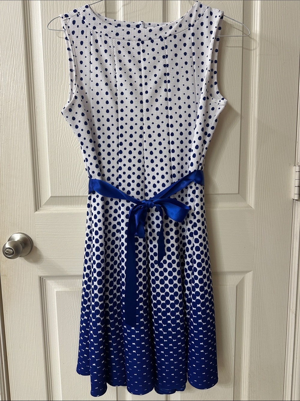 Haani White and Royal Blue Polka Dot Midi Dress with Blue Waist Tie